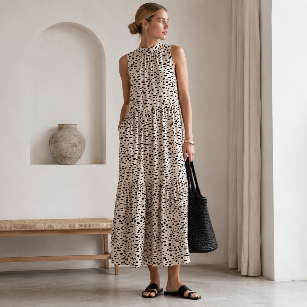 ASOS Tiered Maxi Dress 8 Cream Black Abstract Dot Cotton Boho Chic Casual Summer